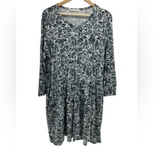 Peruvian Connection Pima Cotton Modal Blue Gray Floral Babydoll Mini Dress - M